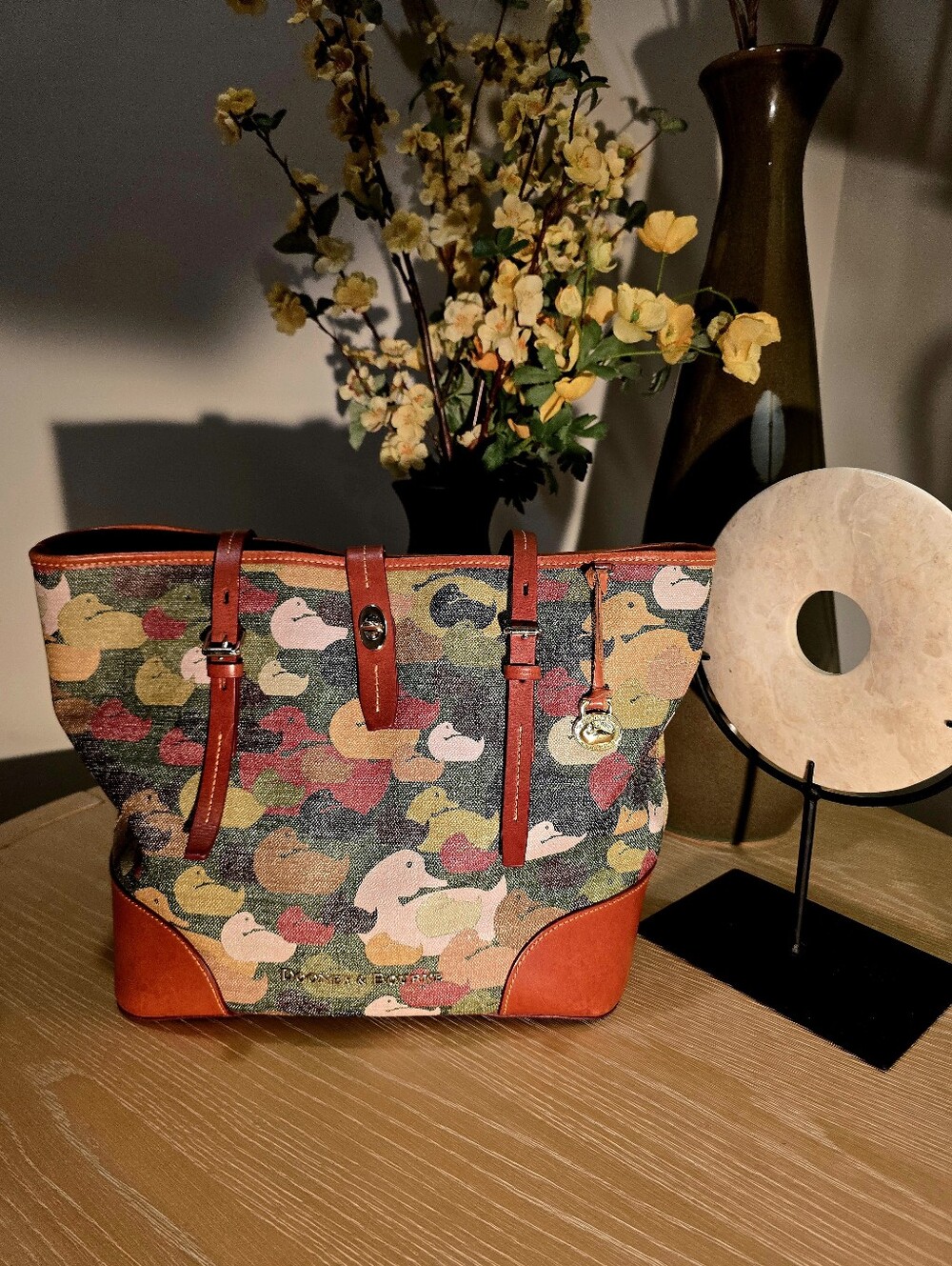 Dooney & Bourke Multicolor Duck-Print Canvas Tote with Red Leather Trim